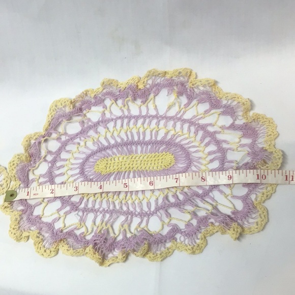 Vintage doilie pair hand made crochet lavender and soft yellow oval and round - Picture 6 of 6